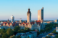 Skyline of Leipzig with townhall at sunset, Germany